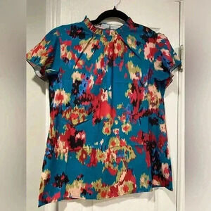 NWT Simply Fun Flutter Sleeve Floral Teal Ruffle Collar Keyhole Back Too Size S